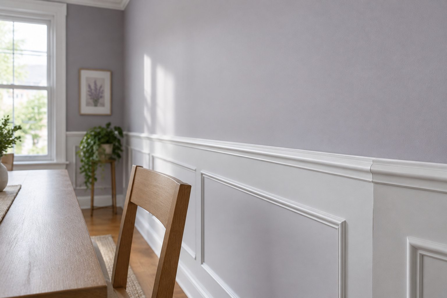 Chalk white picture frame trim on a lilac grey dining room wall with a plain wood chair pushed in below it and daylight raking across the trim