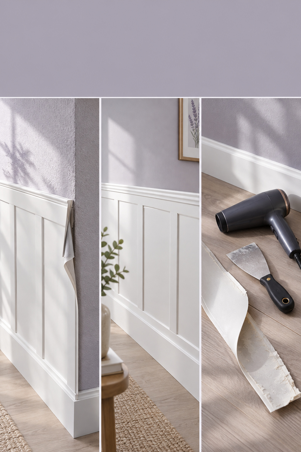 Pinterest collage of peel and stick wainscoting showing a plank corner lifting on a textured wall, a clean trim run on a smooth wall and a hair dryer with a putty knife, under a lilac grey headline band