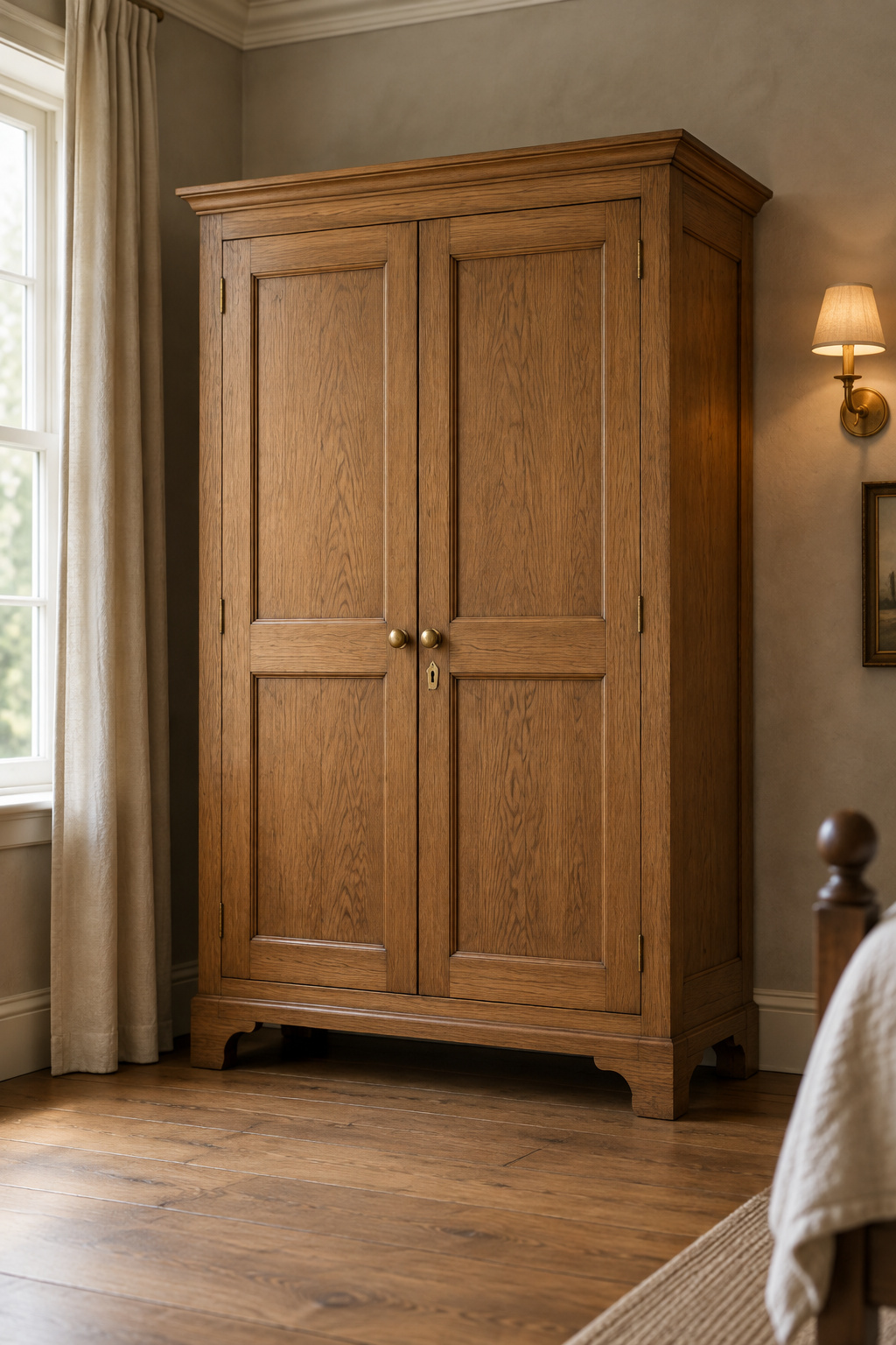 Freestanding oak clothespress in a period bedroom, illustrating pre-closet clothing storage