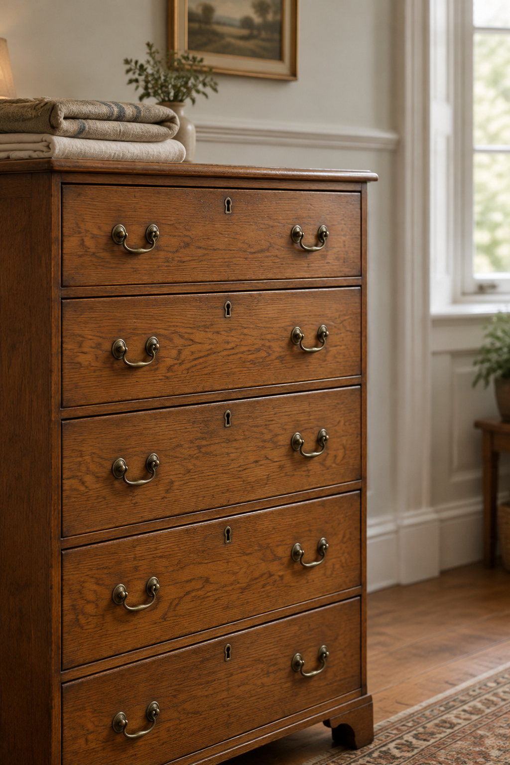 Antique oak chest of drawers with brass pulls standing in a period bedroom that has no built-in closet