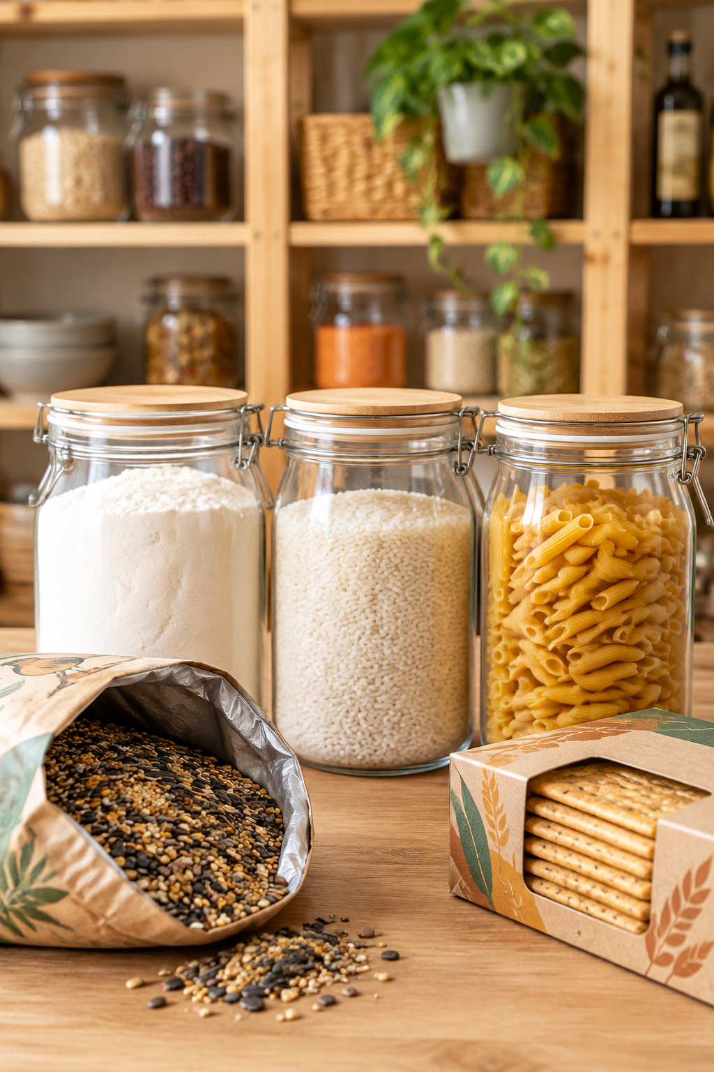Three glass gasket-lid canisters holding flour, rice and pasta next to a bag of birdseed and a box of crackers on a pantry shelf