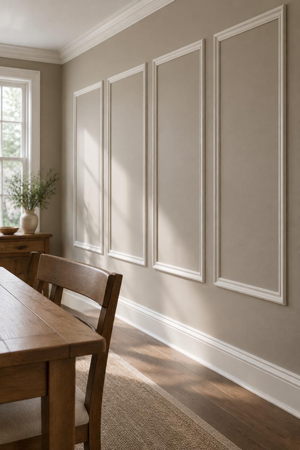 Four evenly spaced picture frame molding boxes in chalk white on a mushroom-colored dining room wall, with a plain wood chair pushed in below the rail and daylight raking across the molding
