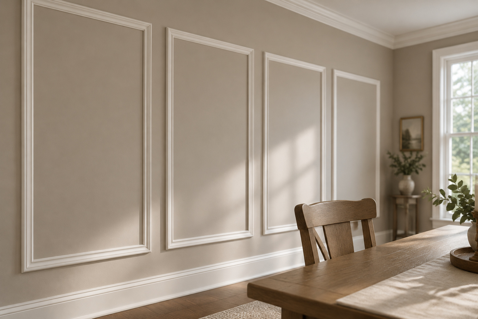 Four evenly spaced picture frame molding boxes in chalk white on a mushroom-colored dining room wall, with a plain wood chair pushed in below the rail and daylight raking across the molding