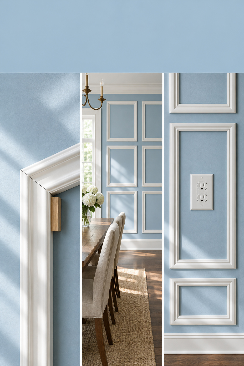 Pinterest collage of picture frame molding layout showing a mitered corner with spacer block, an evenly gapped dining room wall and an outlet in a box gap, under a powder blue headline band