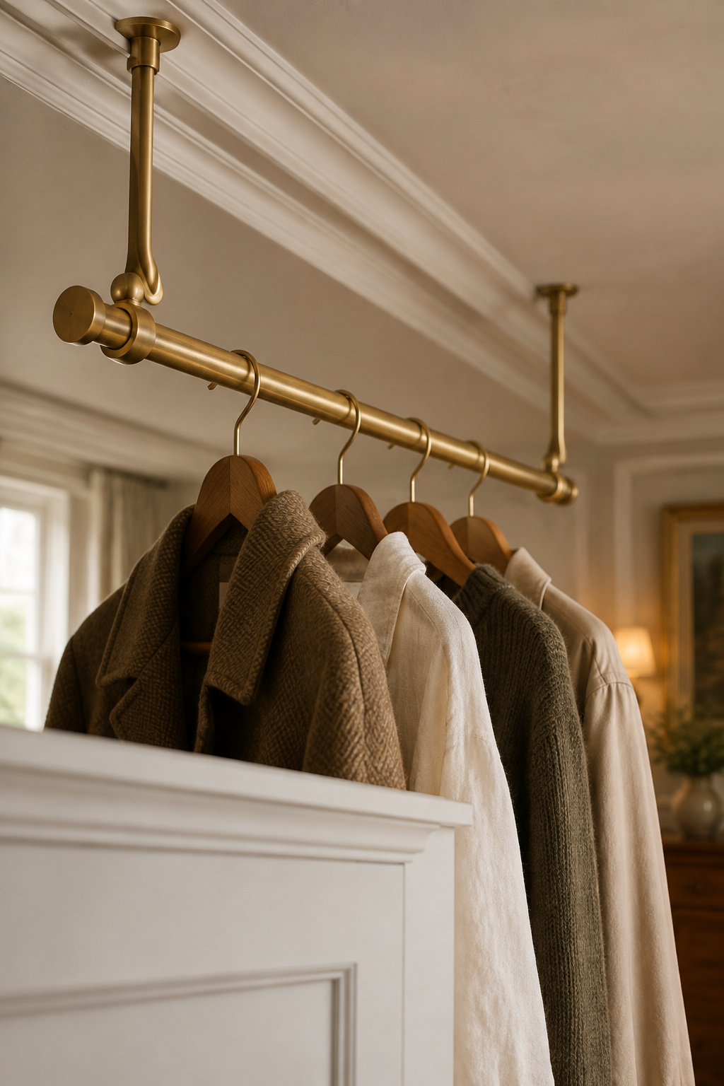 Brass garment rod hanging from a period picture rail with clothes, no wall drilling required