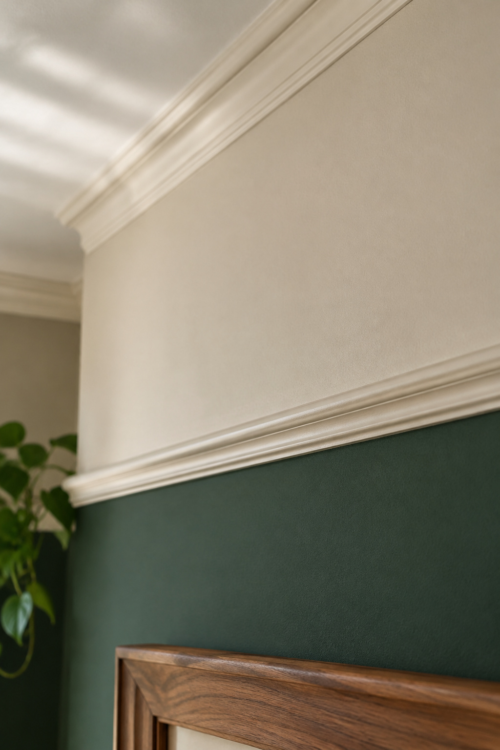 Plaster picture rail and cornice where a deep bottle-green wall meets a pale painted frieze near the ceiling