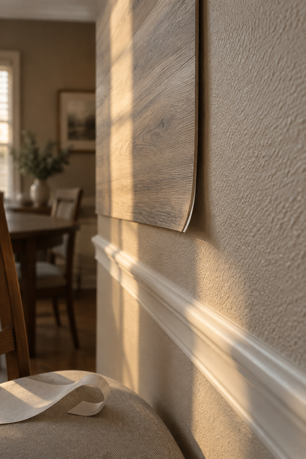 Corner of a peel-and-stick wood plank lifting from a lightly textured mushroom-colored wall in raking daylight, with the textured paint visible under the gap