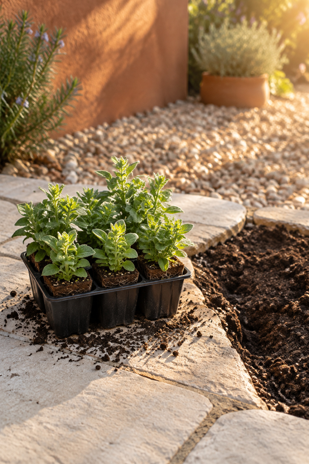 A small nursery tray of green plugs resting on a pale flagstone beside a cleaned, loosened gap ready for planting