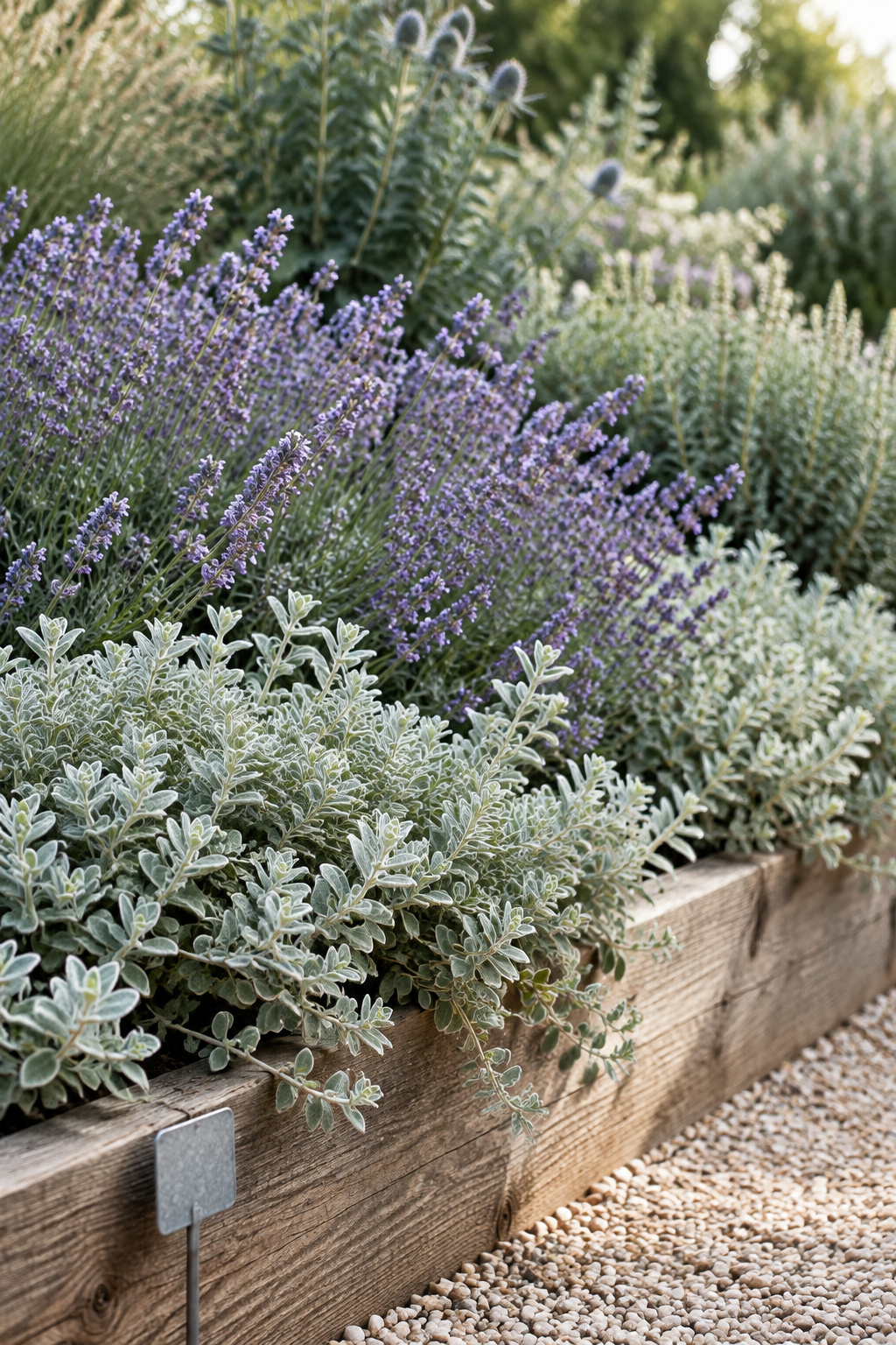 Close-up of a raised cedar bed's front edge, showing low silvery foliage in front of a massed lavender bloom drift