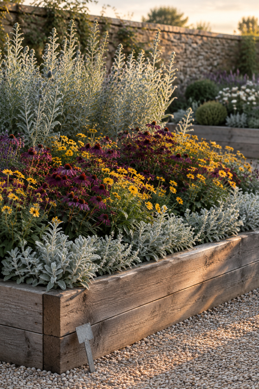 Raised cedar garden bed planted in tiers with silvery foliage, deep-plum and butterscotch blooms, lit by golden-hour sun