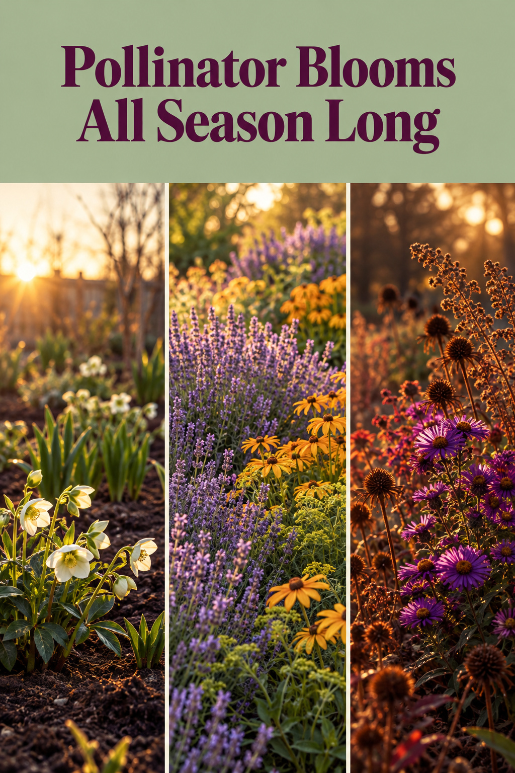 Three-panel collage of a pollinator garden bed in early spring, high summer, and late autumn, showing the same border across the growing season