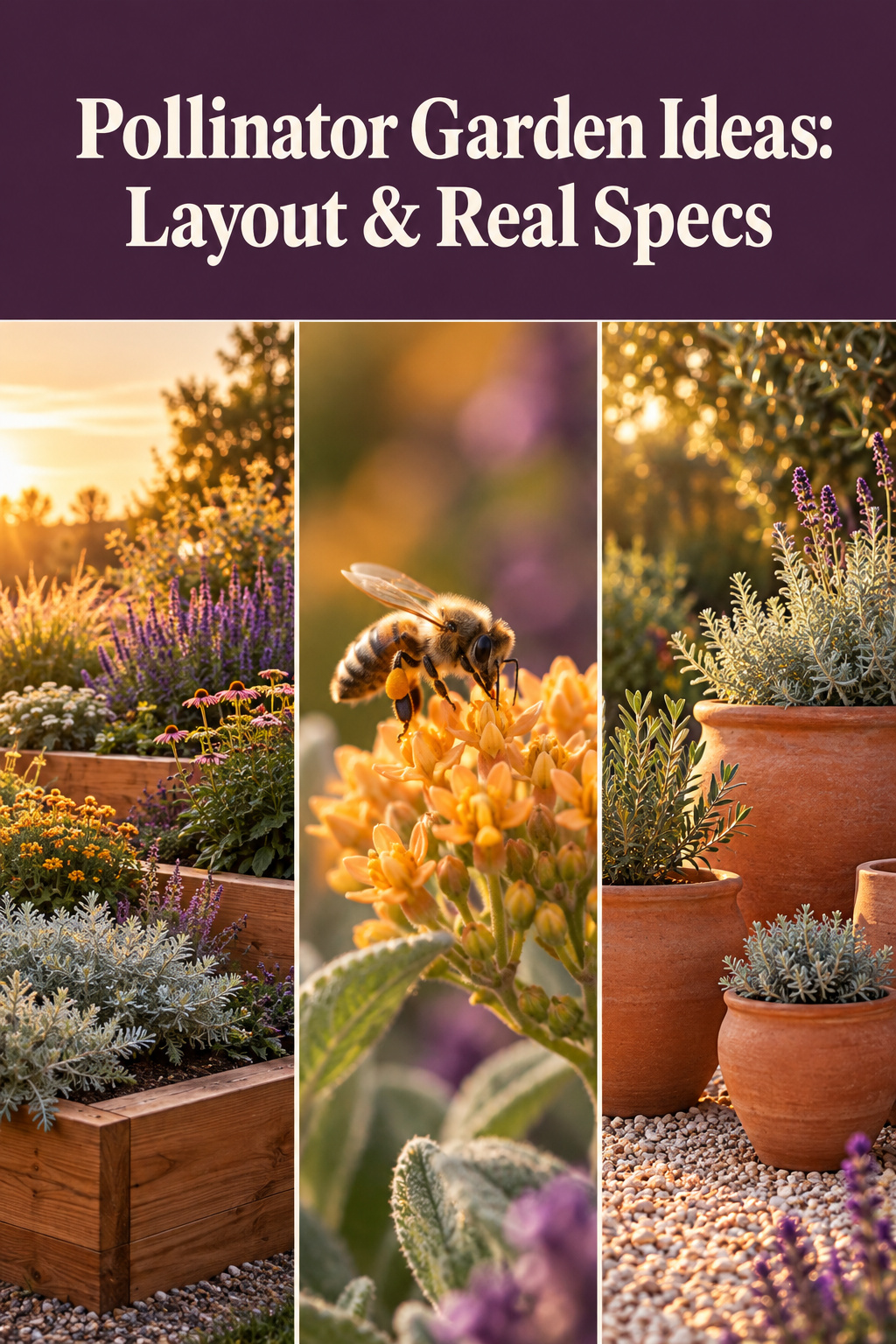 Pinterest collage of a tiered pollinator garden bed, a bee foraging on a bloom, and terracotta containers, with a deep-plum headline band