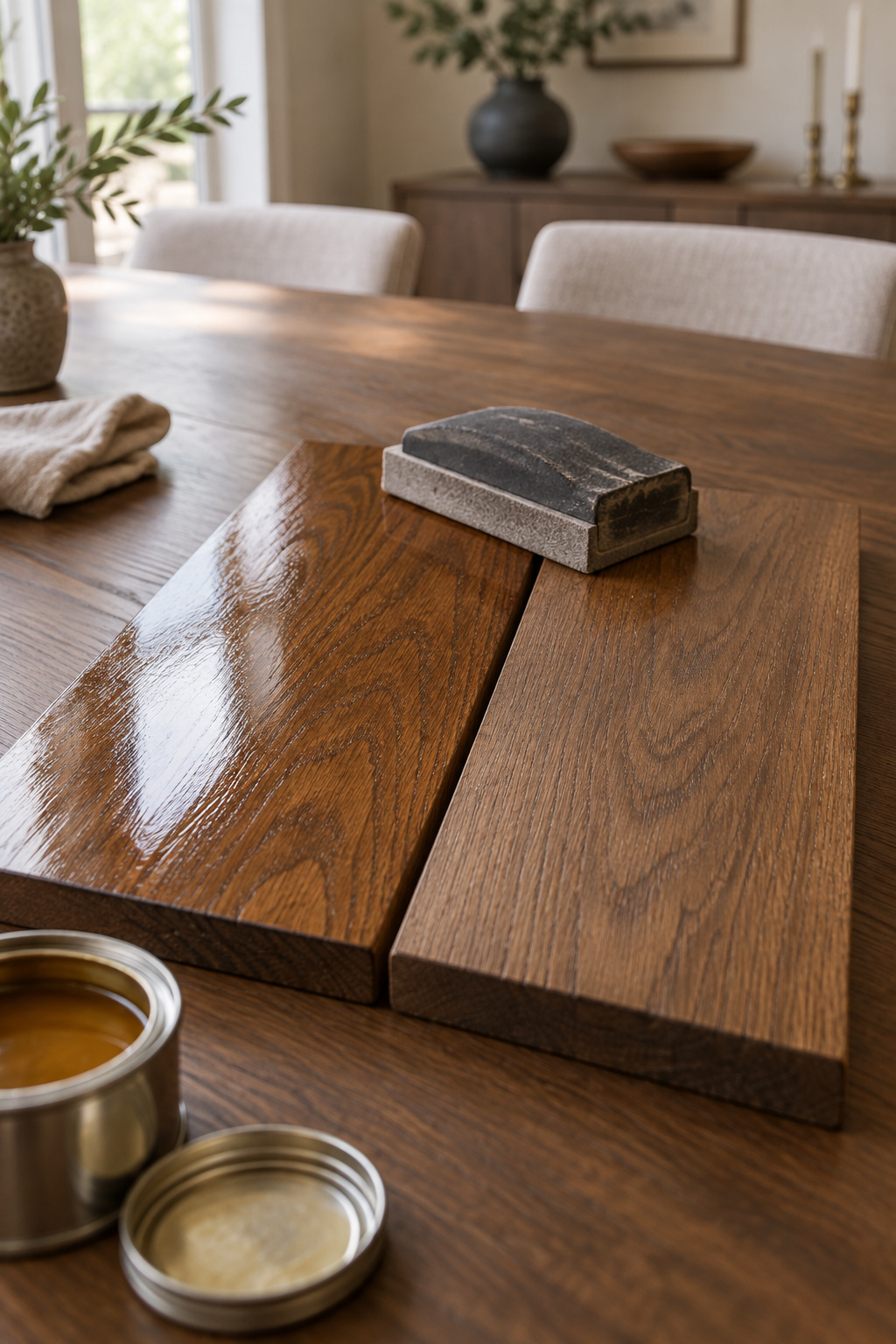 Sanding block resting between a glossy polyurethane sample board and a satin hardwax-oil sample board, showing the sheen difference