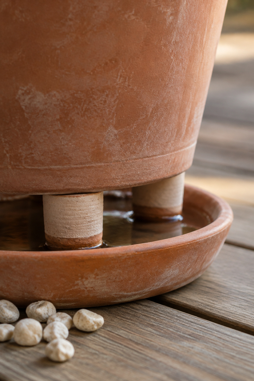 A terracotta plant pot raised on pot feet above its saucer to keep drainage water from pooling on a balcony floor