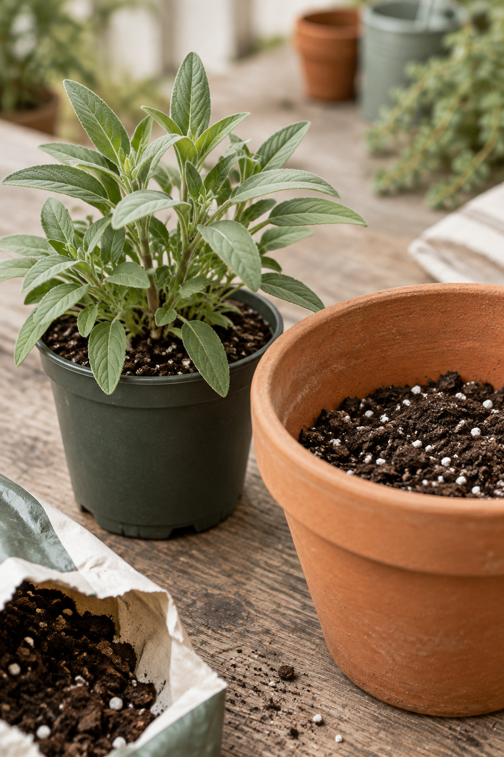 A young nursery perennial beside an empty terracotta pot half filled with fresh potting mix flecked with perlite