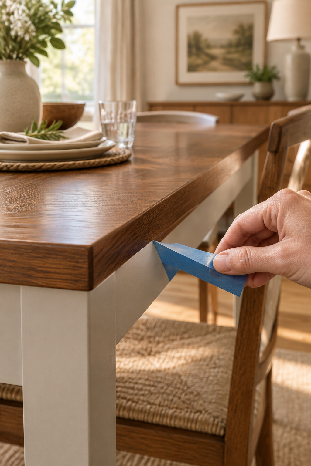 Painter's tape being pulled at a low angle from the finished crisp line of a two-tone dining table