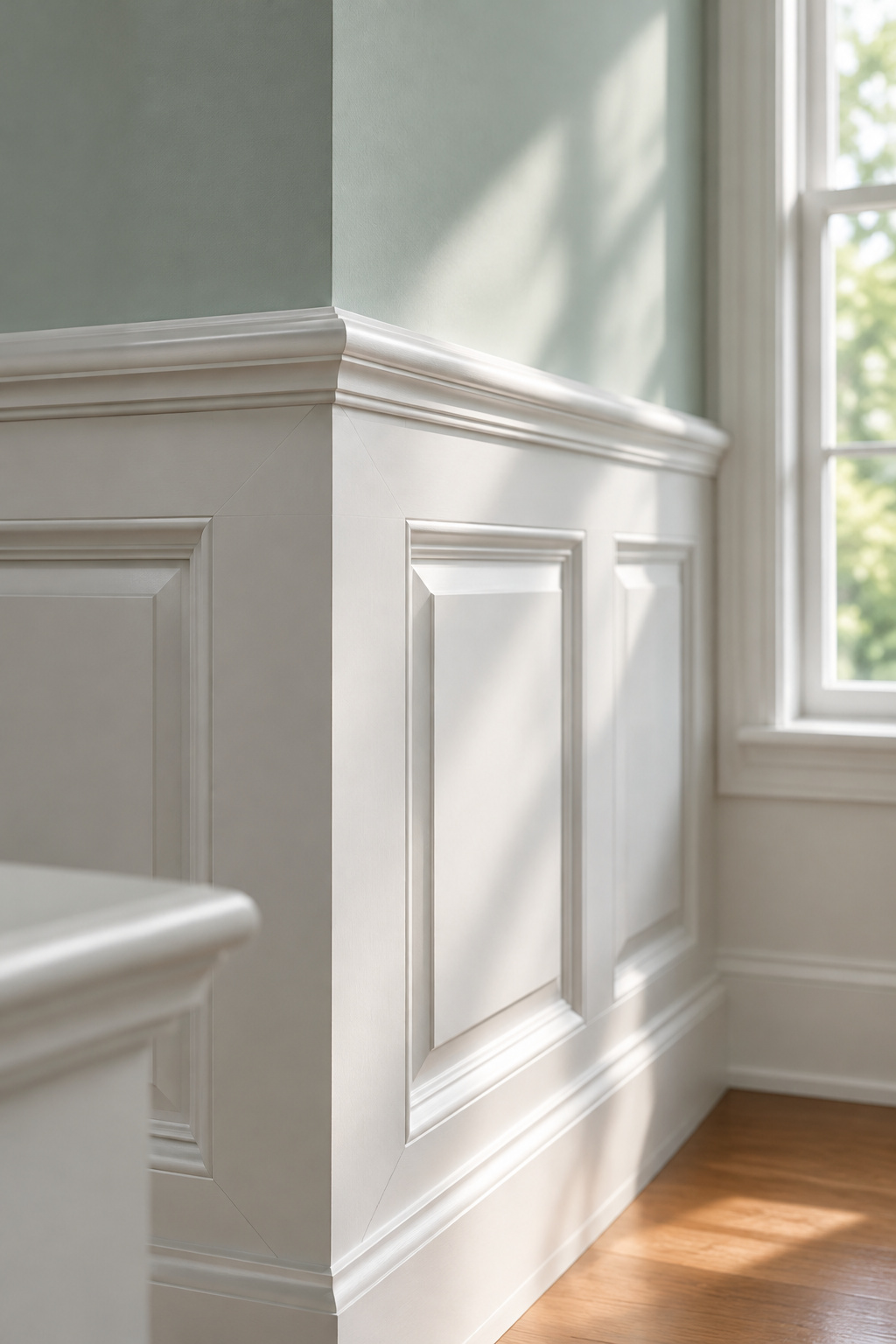 Close view of a chalk-white painted raised-panel wainscot corner with a beveled panel field and shadow line under raking daylight