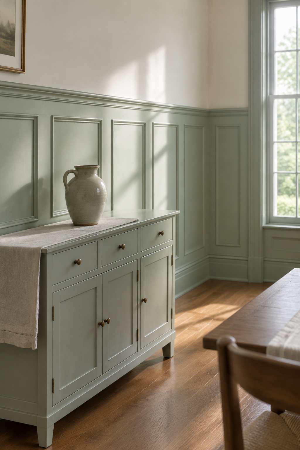 Daylight dining room with a pale celadon raised-panel wainscot, crisp bevel shadow lines and plain wooden chairs pushed back to the rail