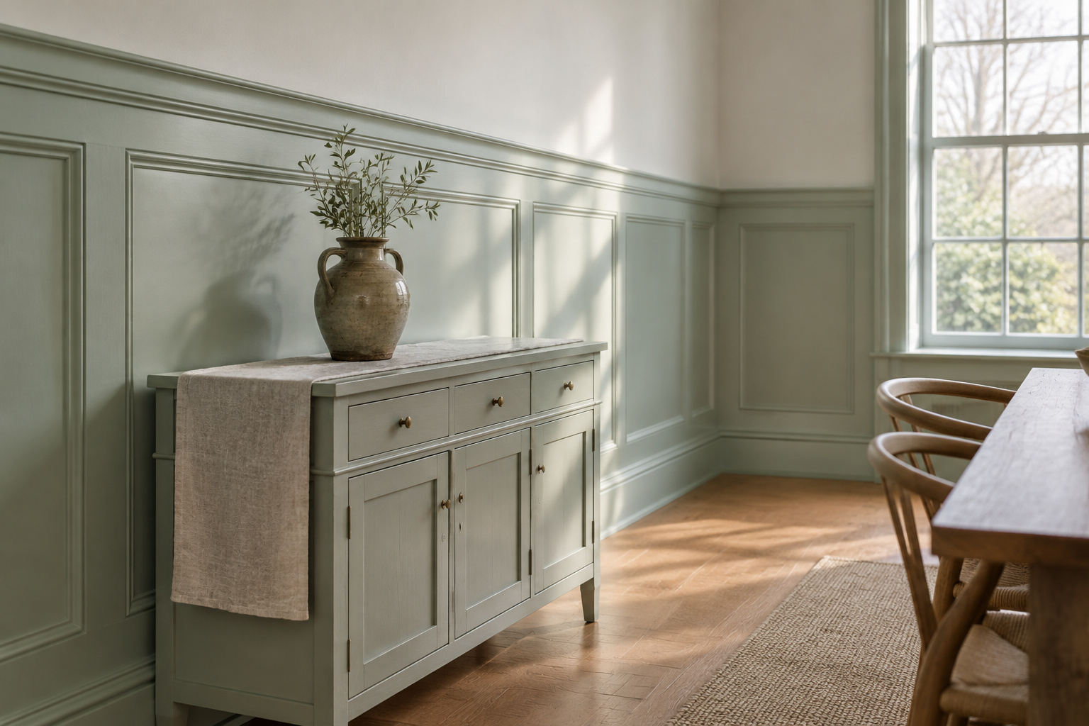 Daylight dining room with a pale celadon raised-panel wainscot, crisp bevel shadow lines and plain wooden chairs pushed back to the rail