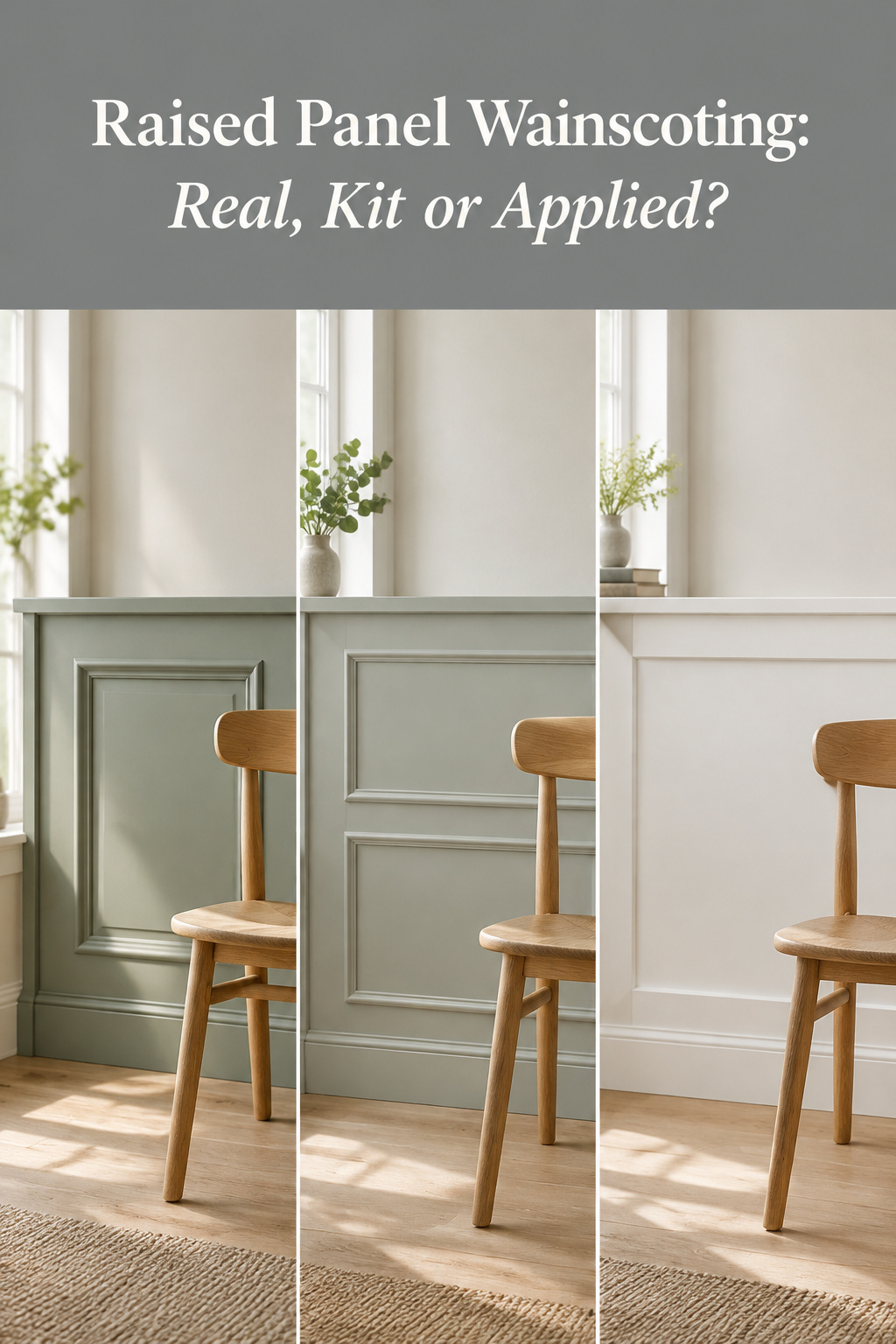 Three panels of pale painted dining room wainscot, a raised bevel, applied molding boxes and a flat panel, under a pewter band with the headline Raised Panel Wainscoting: Real, Kit or Applied