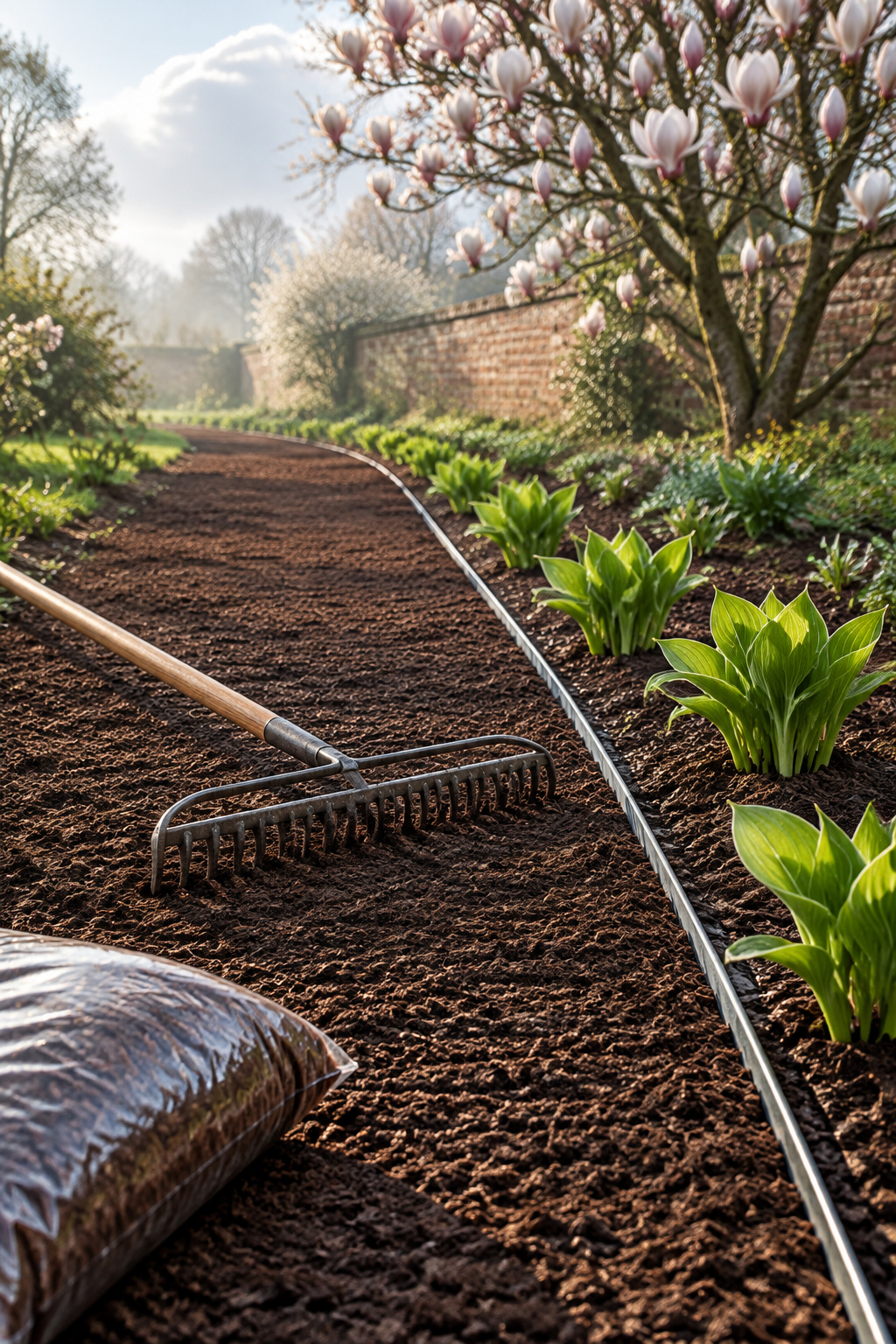 A freshly raked dark bark path with steel edging beside new hosta shoots and a long-handled rake resting across it