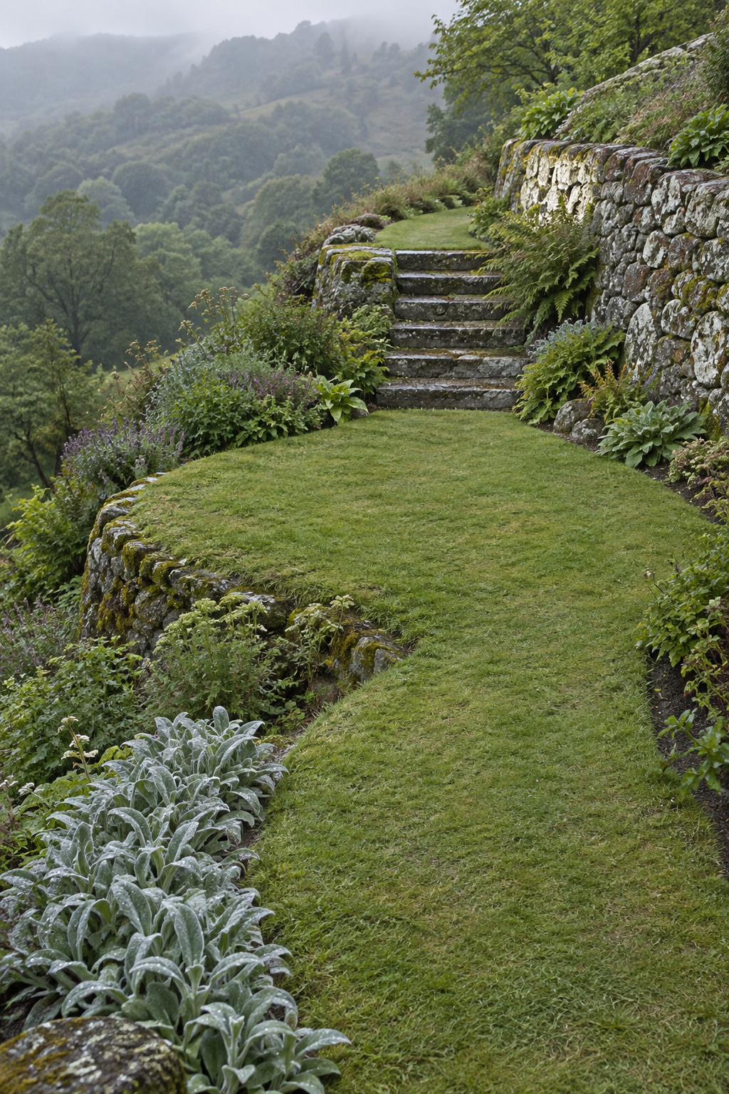 Mown grass path curving into a turning platform and doubling back to a short flight of stone steps on a hillside garden