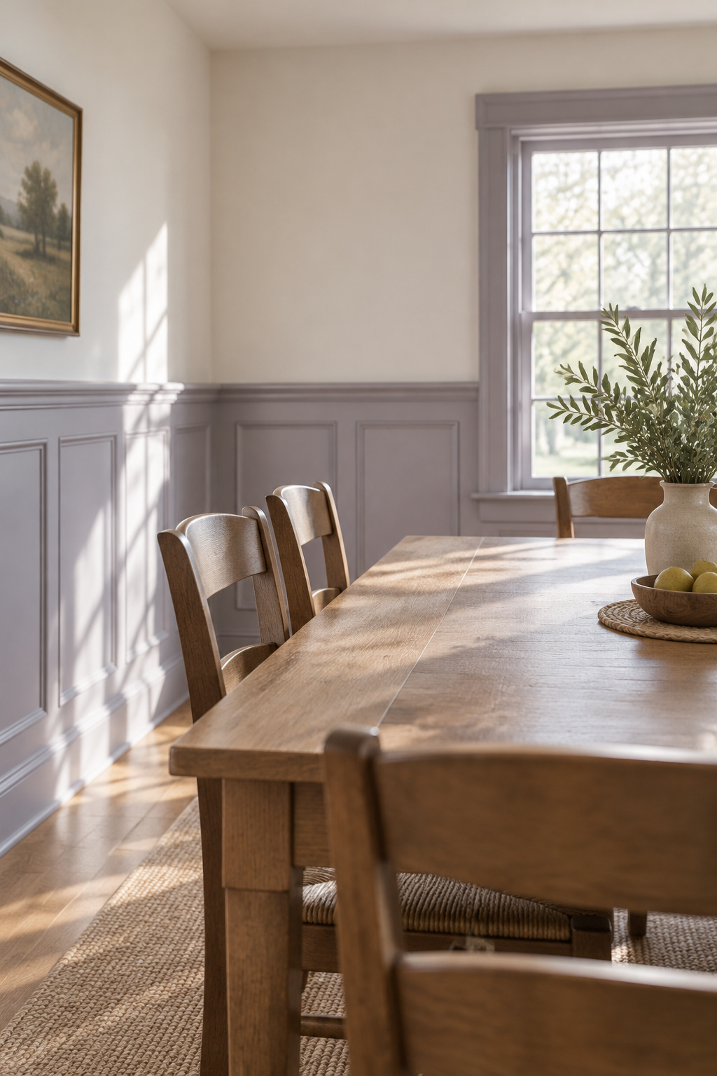 Lilac grey picture-frame wainscoting wrapping a ranch-style dining room with a plain wood table and chairs
