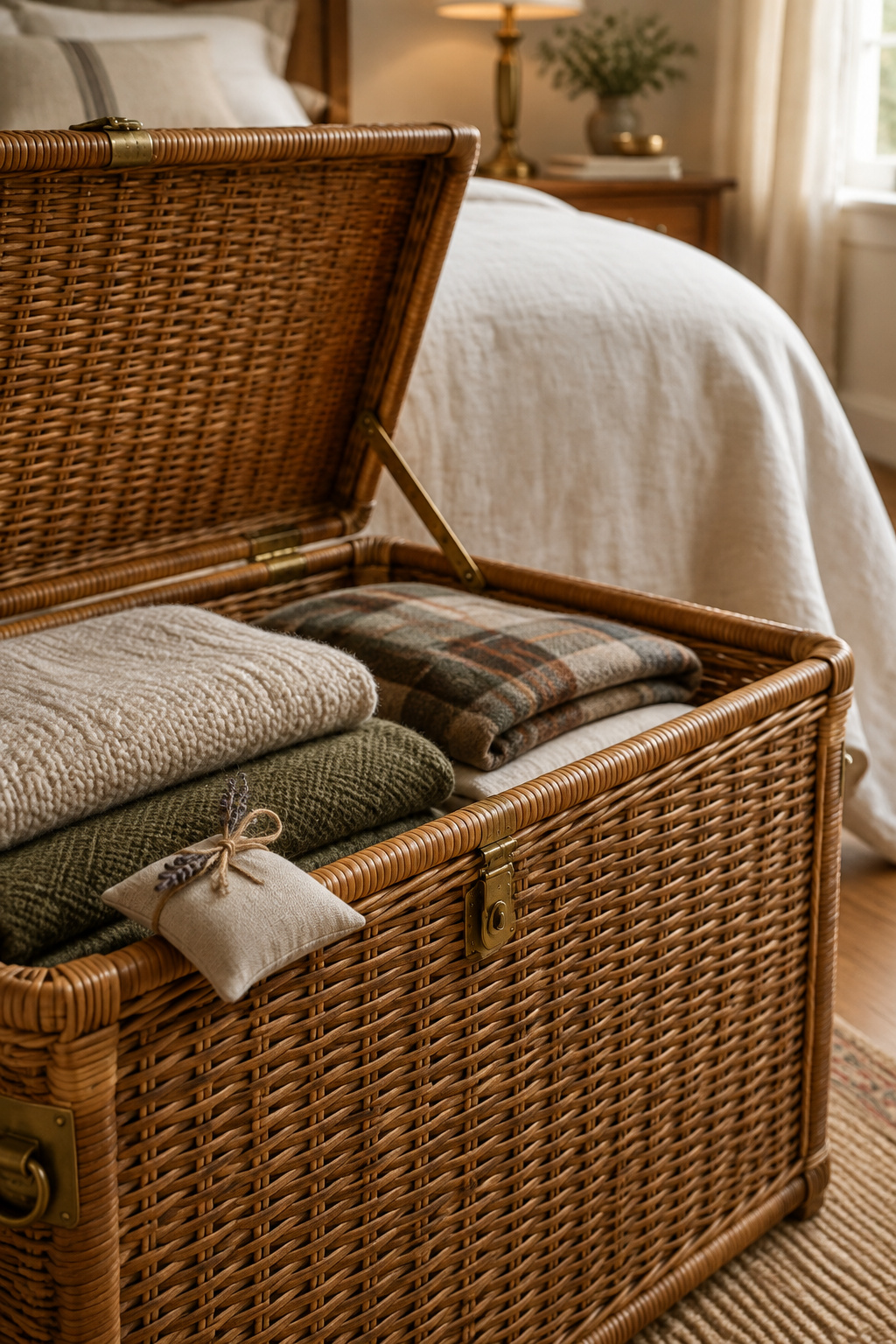 Open woven rattan trunk at the foot of a bed holding folded seasonal clothing