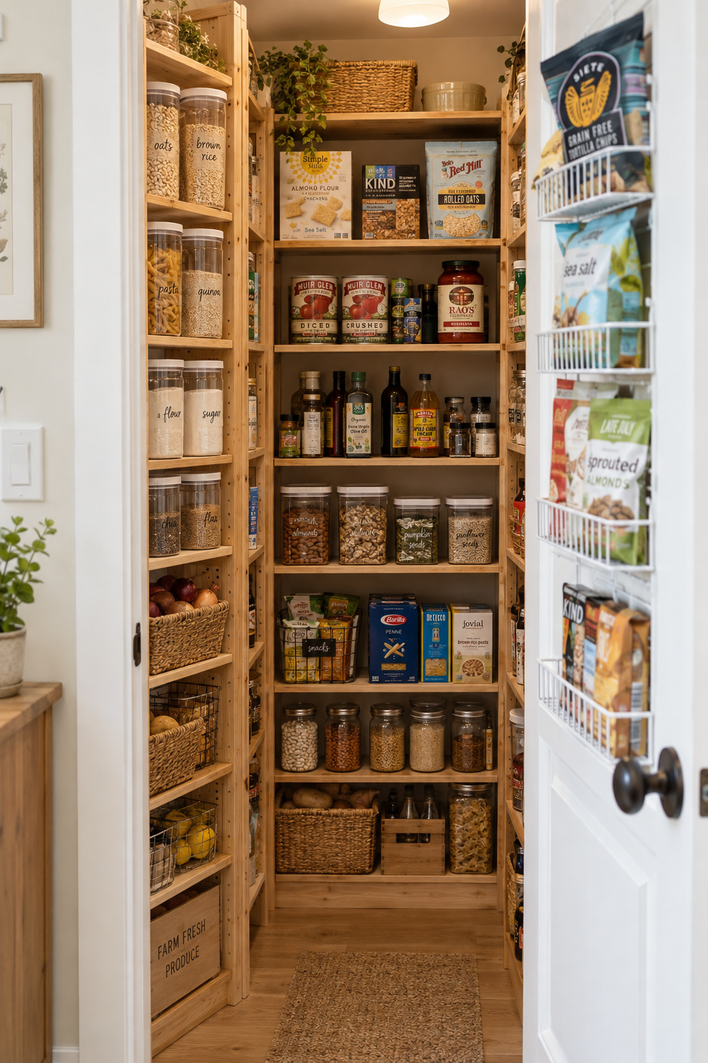 Open reach-in pantry door showing floor-to-ceiling shelves of labeled food containers and a door-mounted wire rack