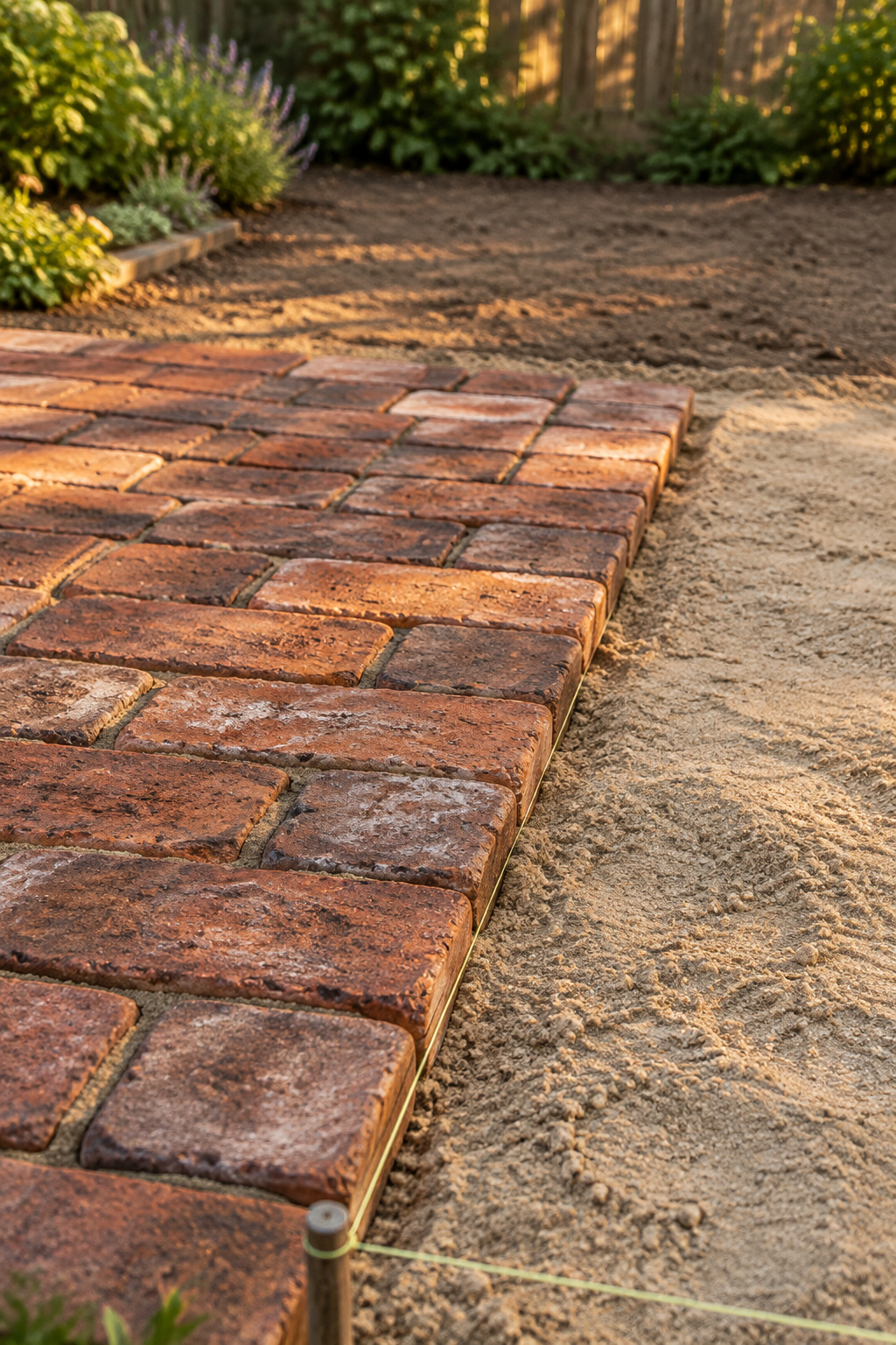 Reclaimed red-brown bricks half laid on a bed of screeded sand with a string line along the edge