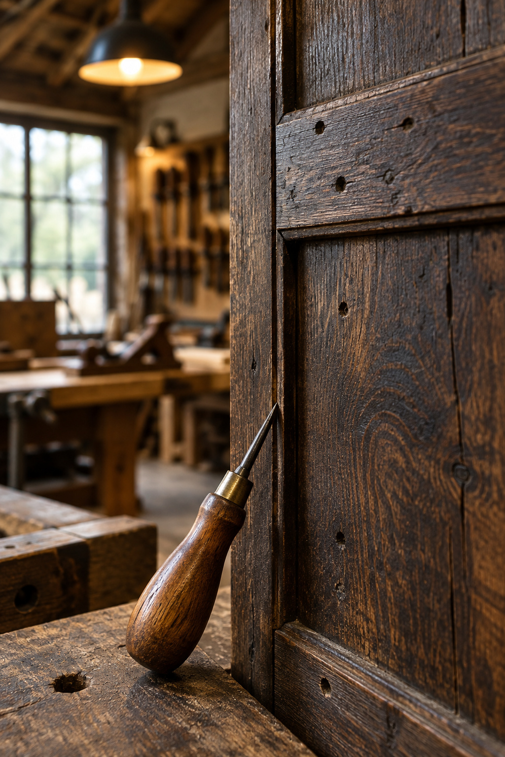 Close-up of reclaimed dark wood panelling showing grain, old nail holes and traditional joinery in a workshop setting