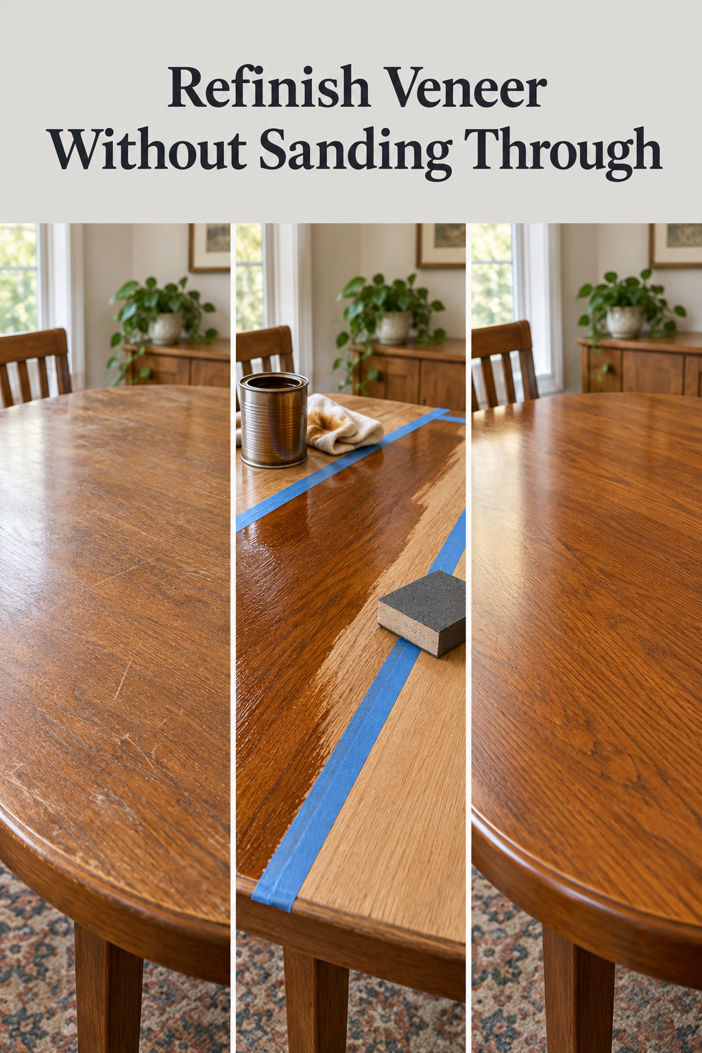 Three-panel before, during and after collage of a veneer dining table refinish, dove grey banner reading Refinish Veneer Without Sanding Through