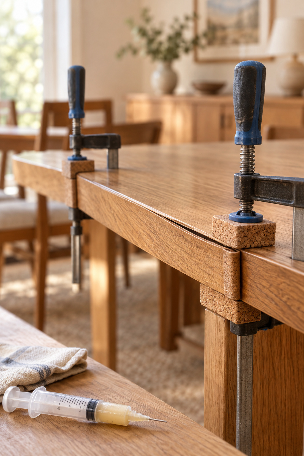 Clamp and cork pad holding a re-glued veneer edge in place on a dining tabletop corner