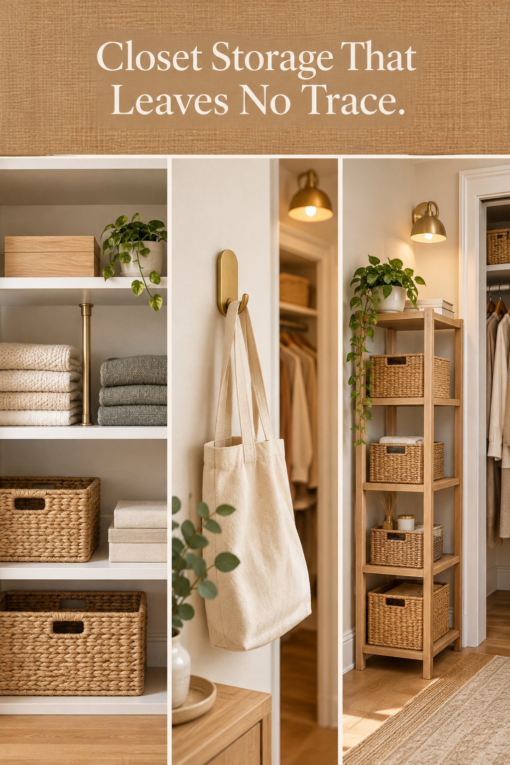 Pinterest pin collage of renter-friendly closet storage: tension rod, adhesive hooks and a rattan freestanding shelving unit