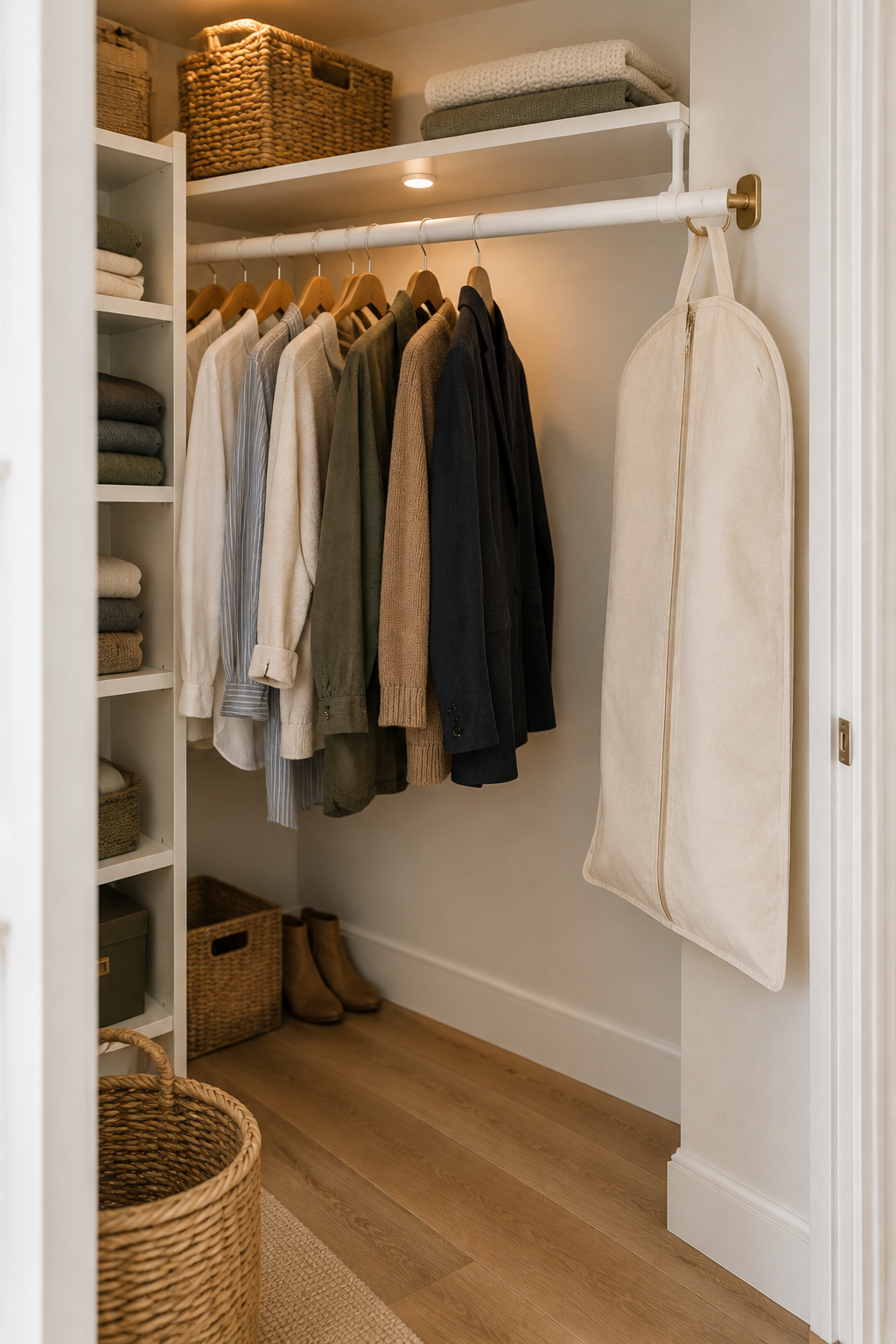 Renter-friendly apartment closet organized with a white tension rod, brass adhesive hooks and woven rattan bins, no drilling