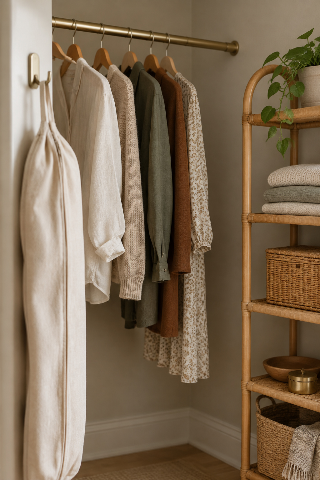 Closet fitted with a tension rod holding clothes and a freestanding rattan shelving unit, with no drilled hardware visible
