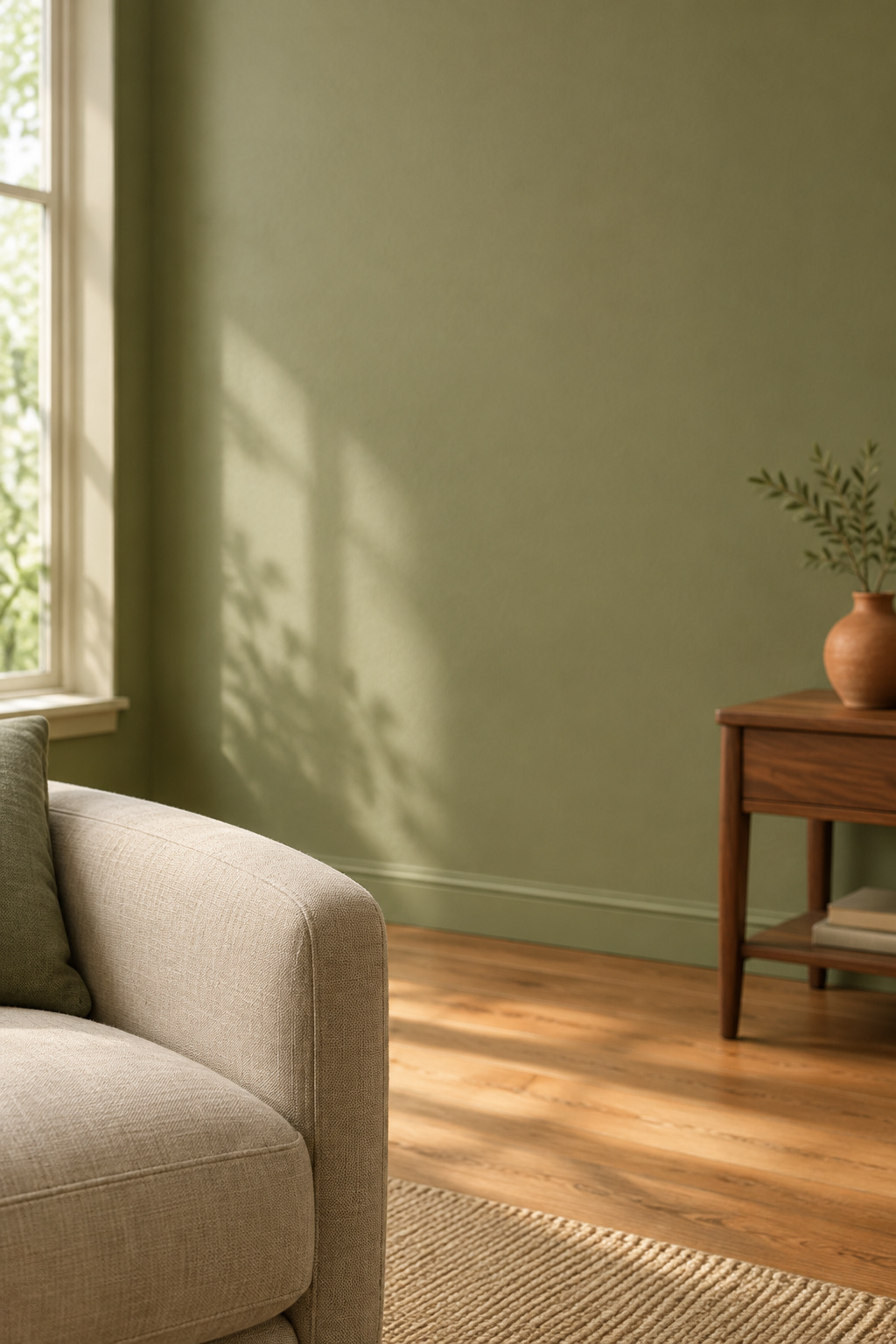 Warm sage green living room wall lit by daylight from a side window, with linen armchair and oak floor