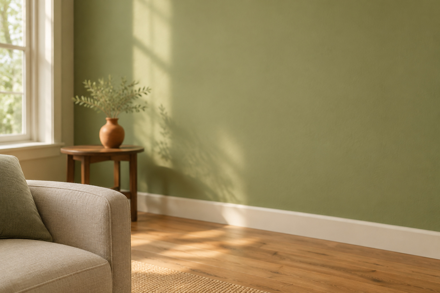 Warm sage green living room wall lit by daylight from a side window, with linen armchair and oak floor