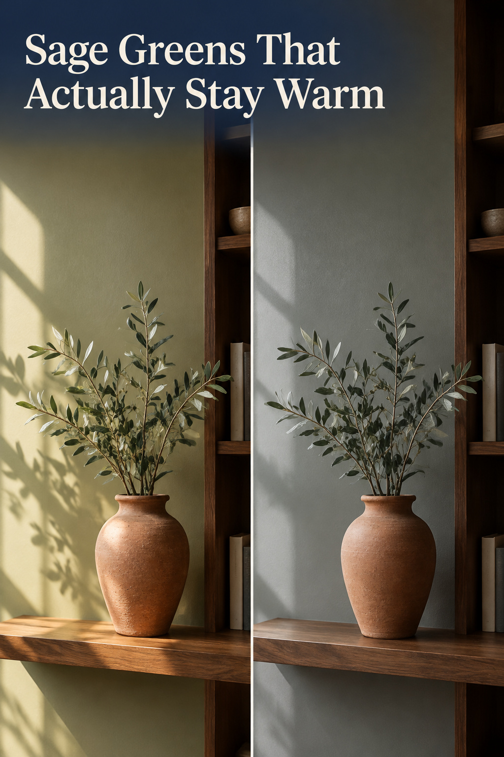 Pinterest pin comparing a warm sage green living room wall to the same shade going flat and gray in cooler light