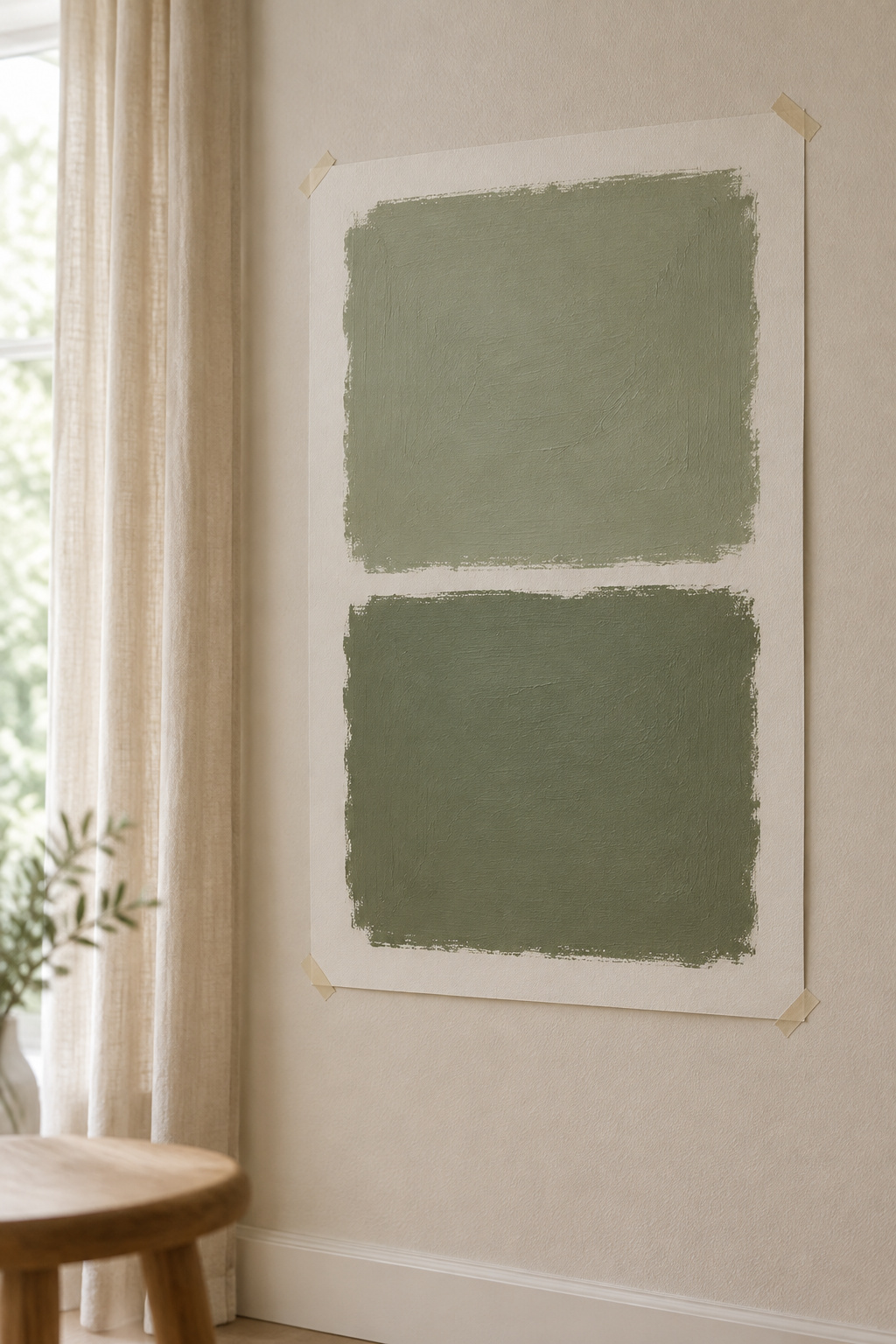 Large sage green paint sample board taped to a living room wall being tested in daylight