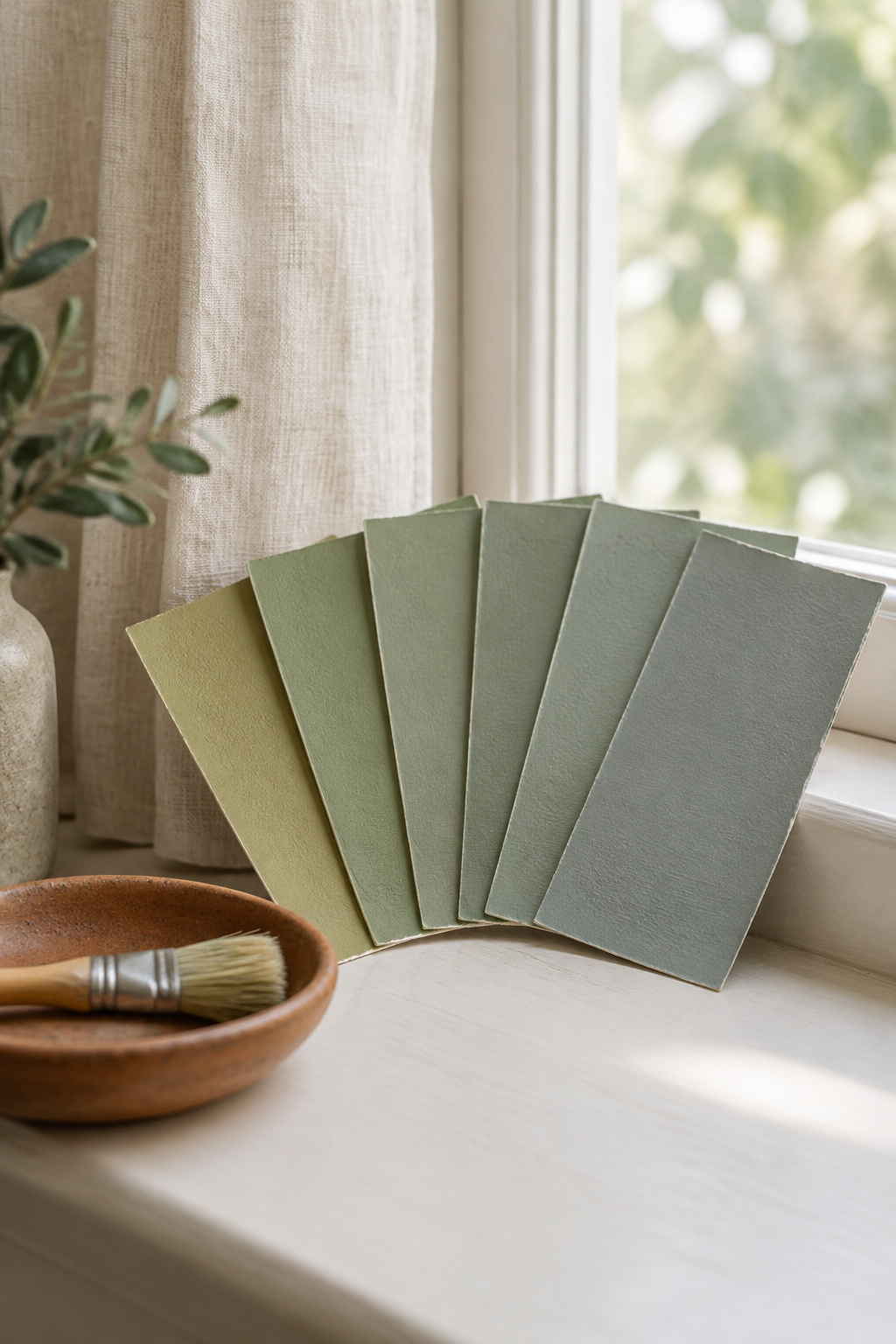 Fan of sage green paint swatch cards ranging from warm to cool laid on a windowsill in daylight