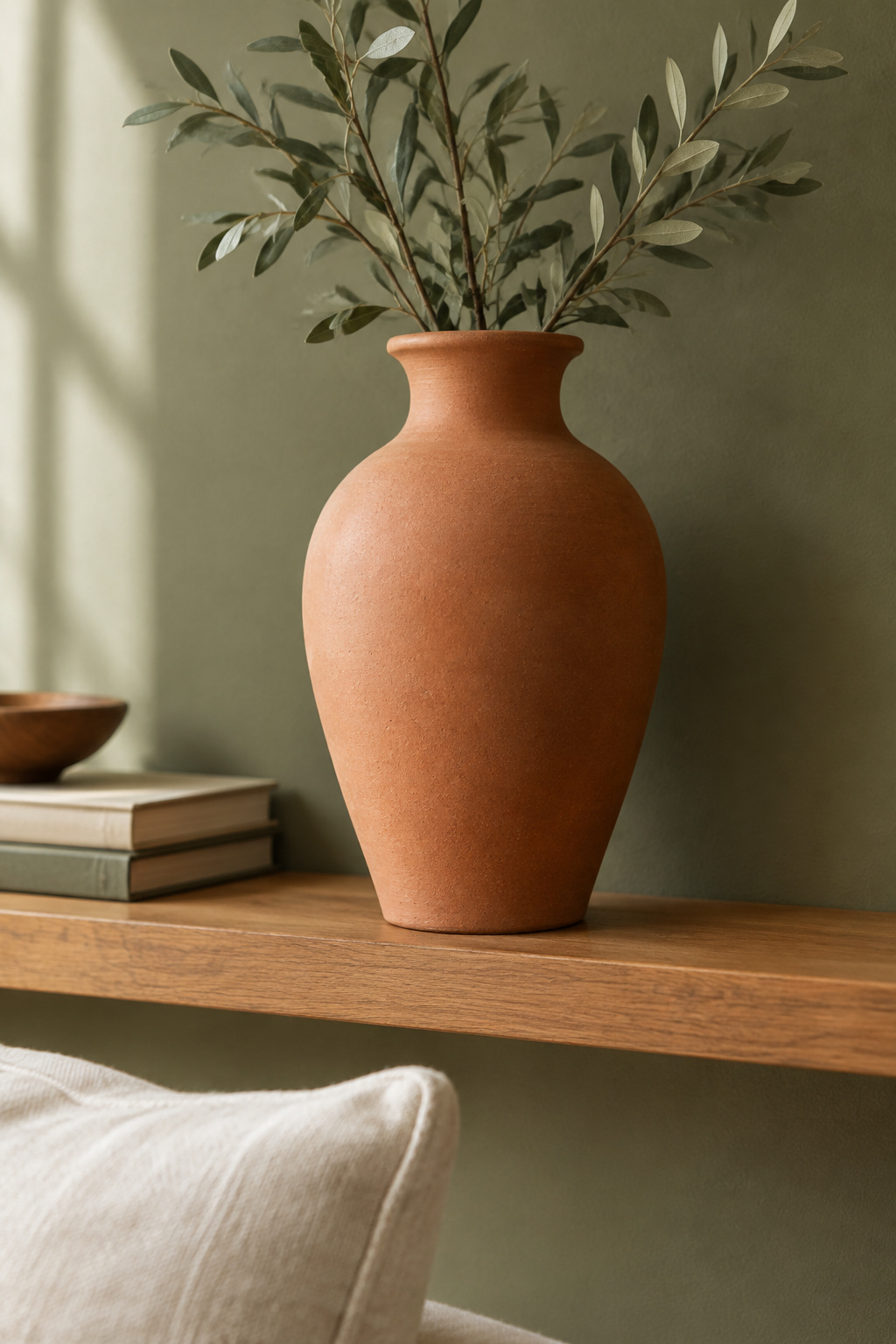 Terracotta ceramic vase on an oak shelf against a sage-olive green living room wall