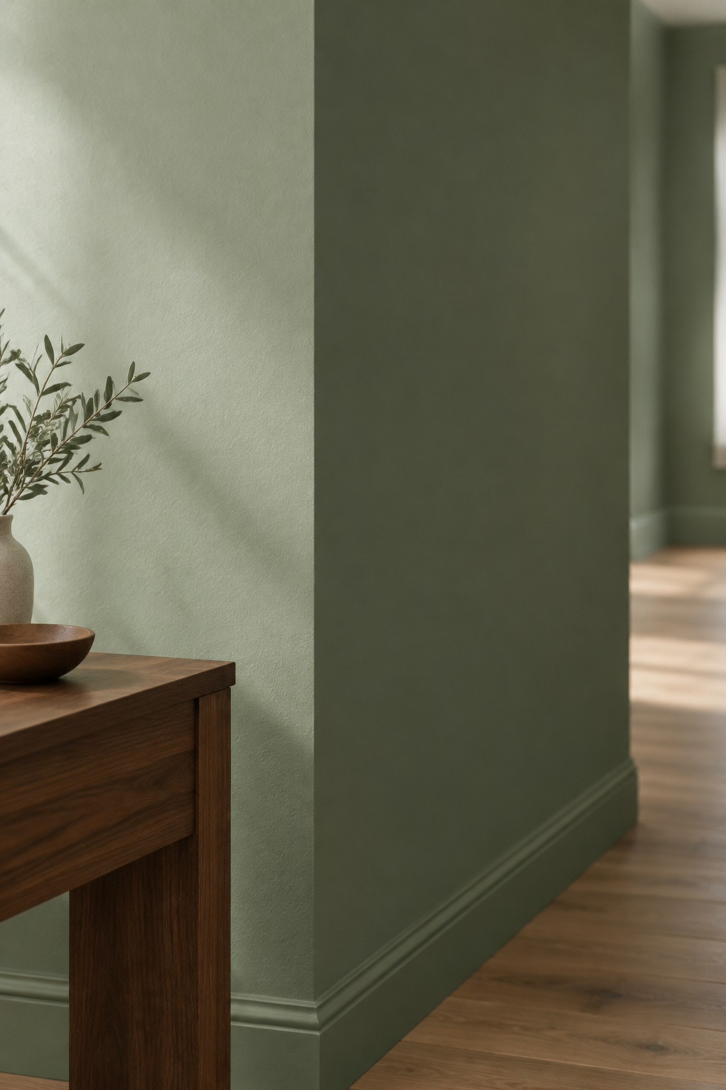Sage green living room wall corner showing one side reading warm in direct daylight and the adjoining wall reading cooler in shadow