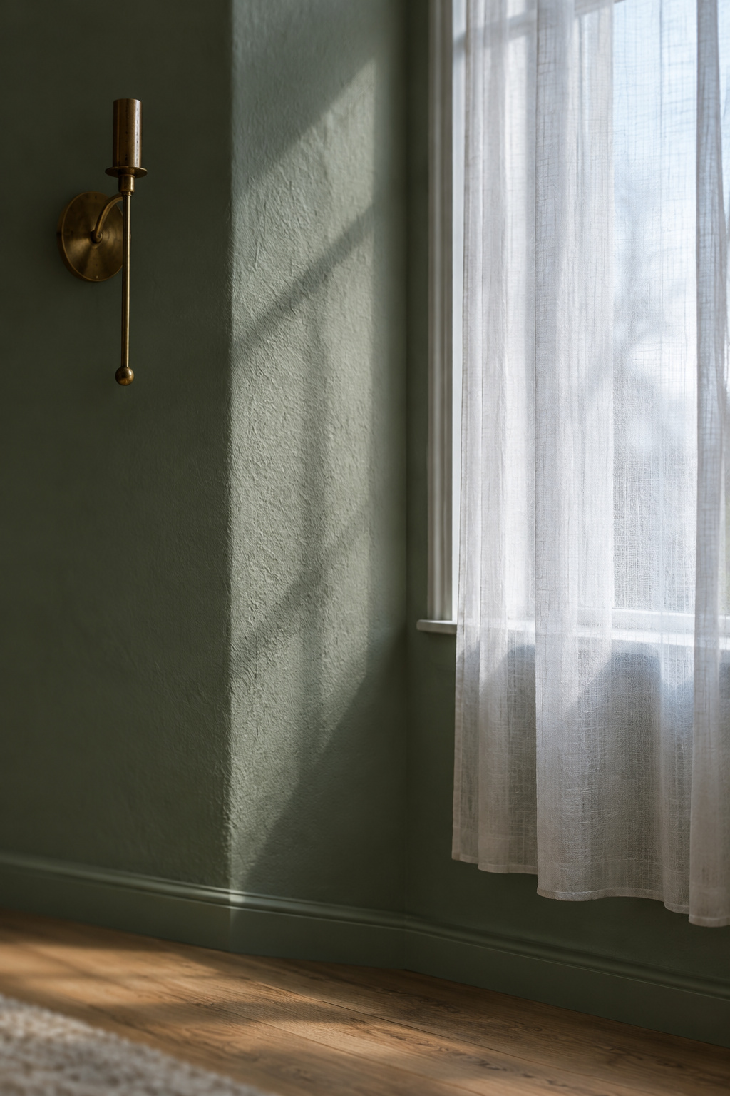 Cool north-facing daylight through a sheer curtain crossing a matte sage-green living room wall