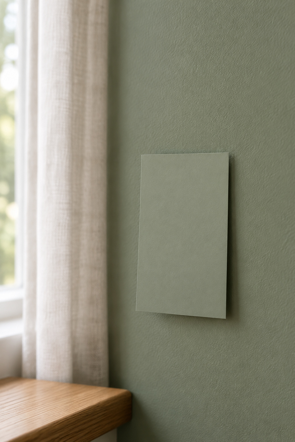 Sage green paint chip held against a painted living room wall showing a slightly different tone in daylight