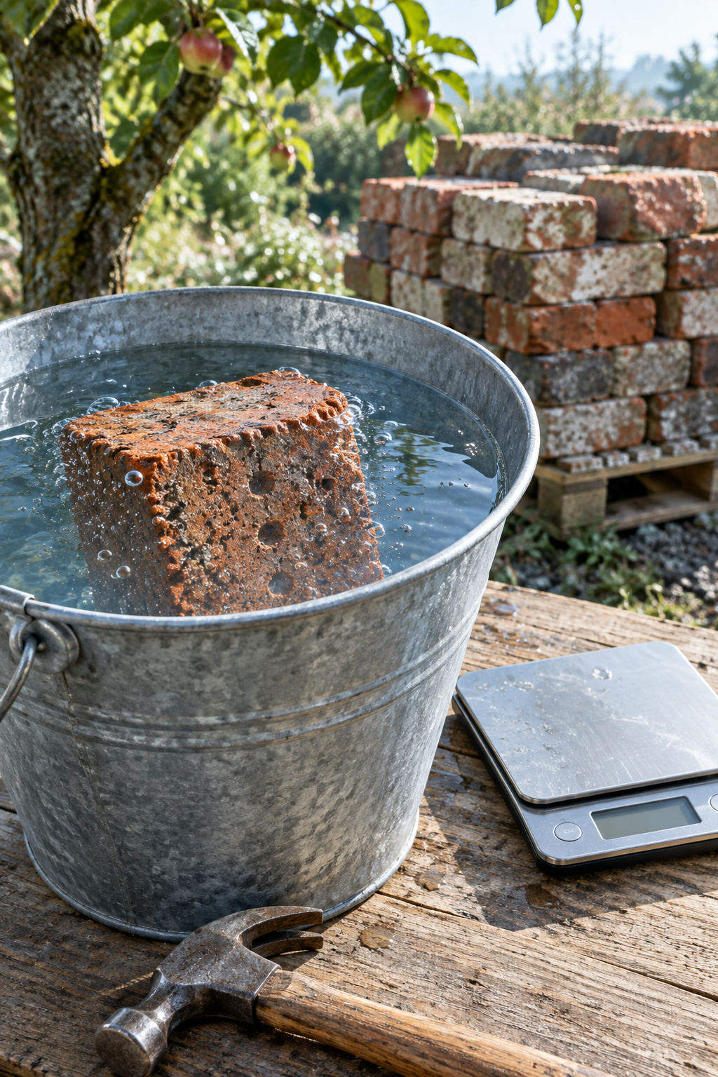 A salvaged brick soaking in a galvanised bucket of water beside a kitchen scale and a claw hammer, with reclaimed bricks stacked behind