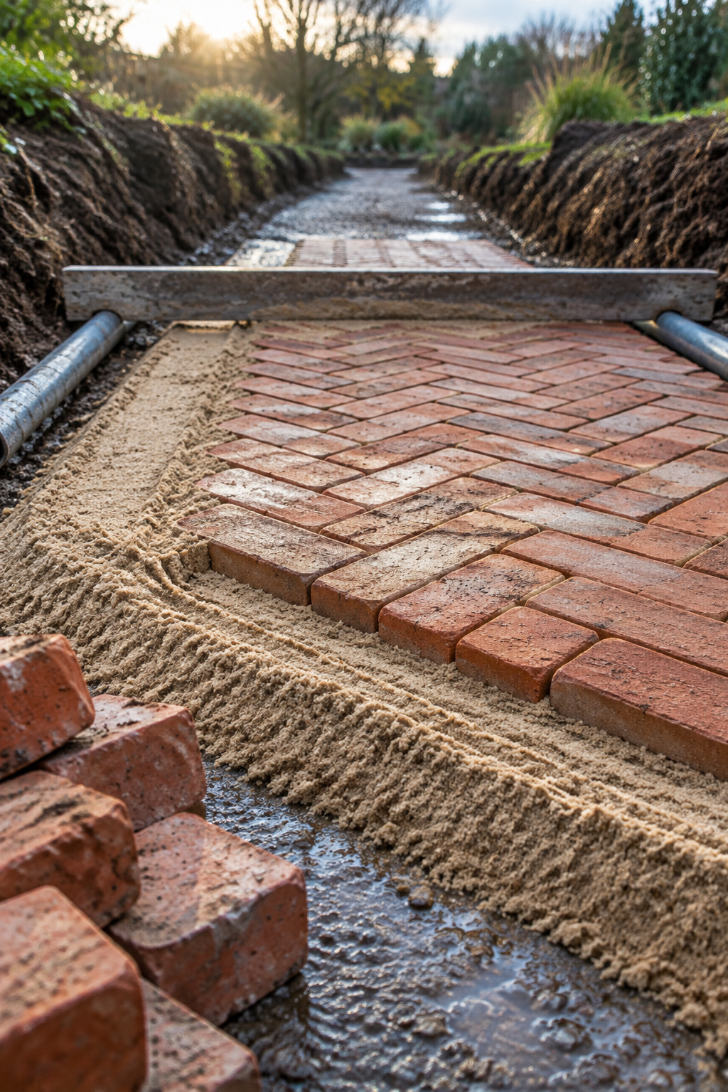 Herringbone bricks being laid on a smooth screeded sand bed against a straight board, with a compacted stone base and loose bricks beside