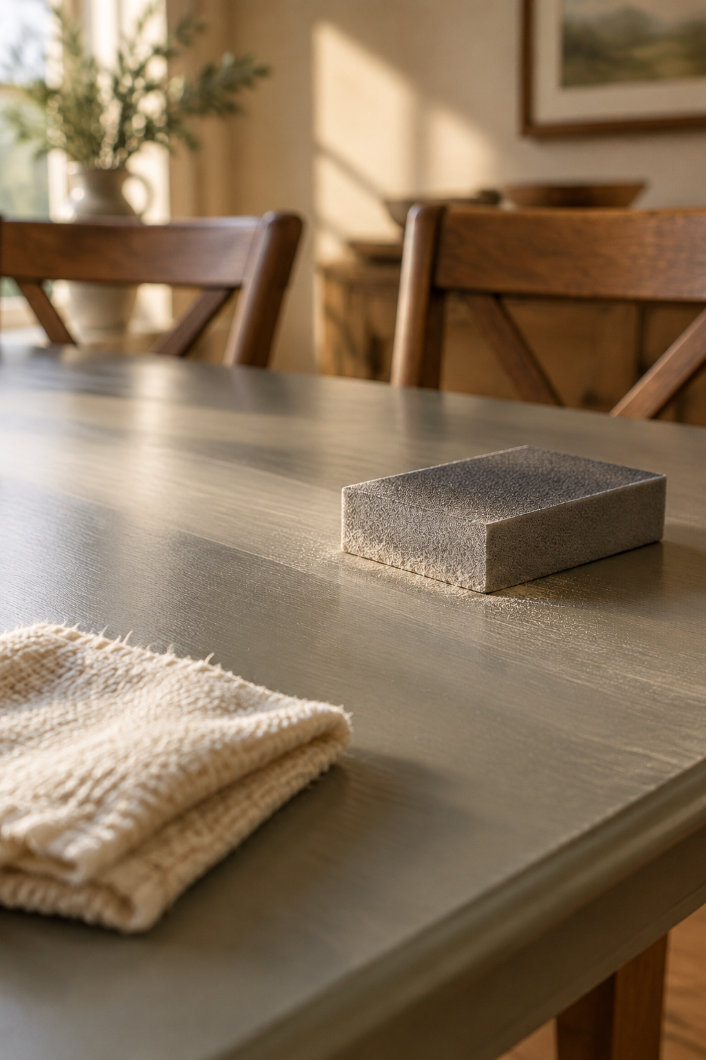A sanding block resting on a painted tabletop surface, dulling the sheen before a topcoat is applied
