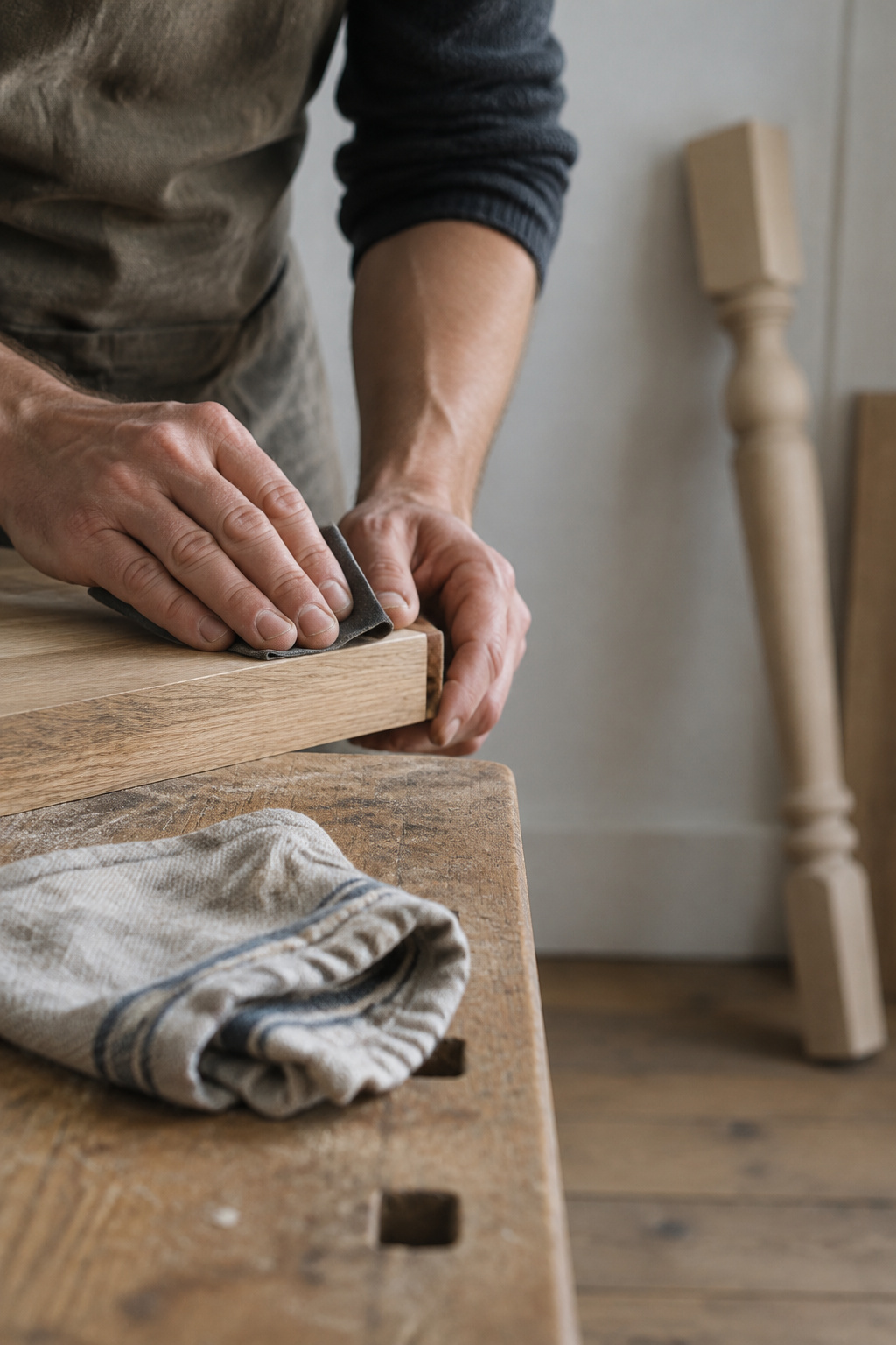 Close-up of a sanding block smoothing a bare pine tabletop before a gray-wash finish is applied