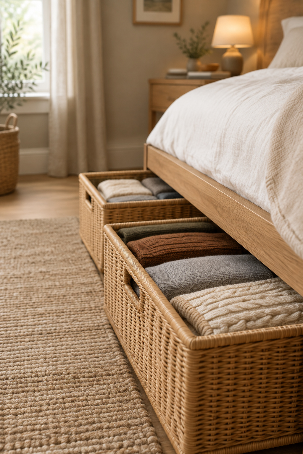 Woven rattan under-bed storage bins holding folded seasonal sweaters as closet overflow